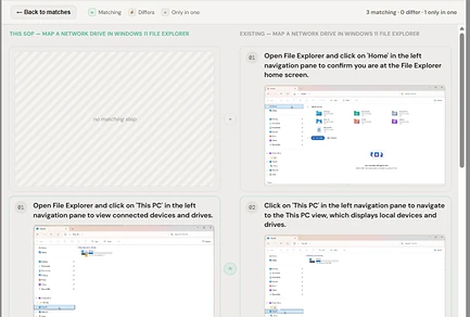 Notavi step-level comparison — matching, differing and only-in-one steps shown side by side before you merge.