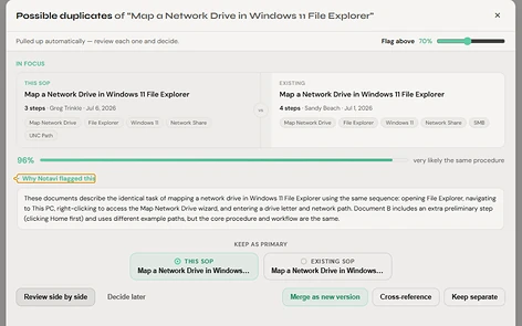 Notavi duplicate review — two near-identical guides with a 96% match score.