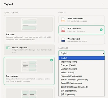 The export language picker open, listing all eleven languages from English and Spanish to Japanese and Korean.