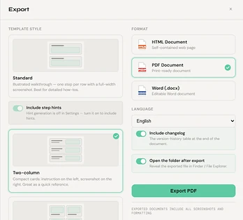 Notavi's export panel — template style (Standard / Two-column / Quadrant), format (HTML / PDF / Word), and options.