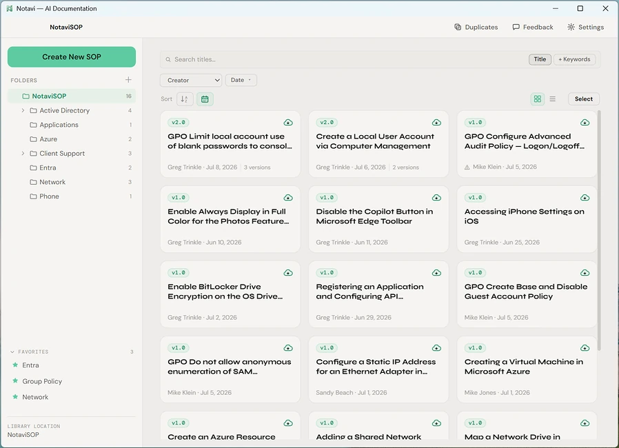 The Notavi library — folders down the left, a grid of saved step-by-step guides on the right, each tagged with a version.