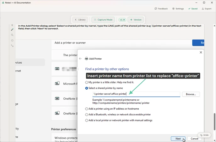 A step's screenshot with markup applied — a blur over a sensitive field, a mint arrow, and a text-box label reading 'Insert printer name from printer list'.