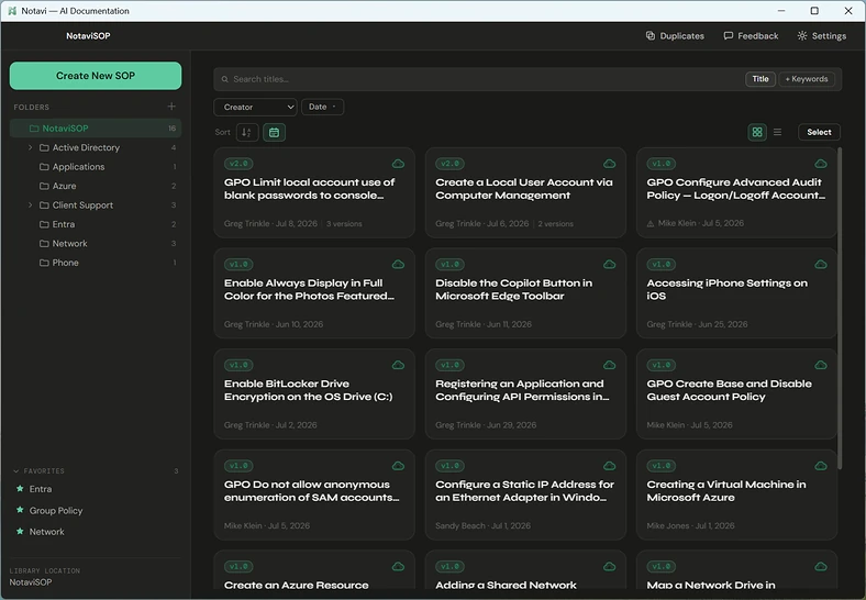 The Notavi library in dark theme — the same organized grid of versioned guides, kept in storage you own.