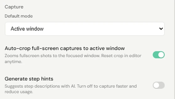 Notavi's Settings — the Capture section with a Default mode selector set to 'Active window', an auto-crop-to-active-window toggle, and a 'Generate step hints' AI toggle you can turn off.