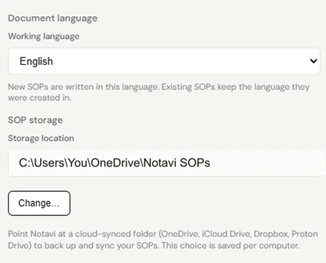 Notavi's Settings — the SOP storage location pointing at a cloud-storage folder you own, with a Change button, and the working-language selector set to English.